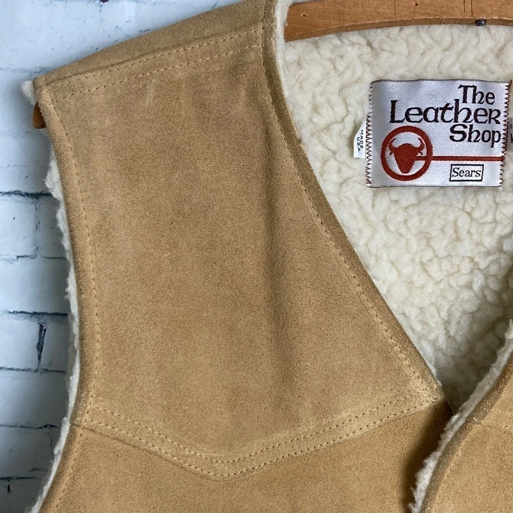 Vintage The Leather Shop Sears Suede Vest Faux Shearling Lining M Western Rodeo